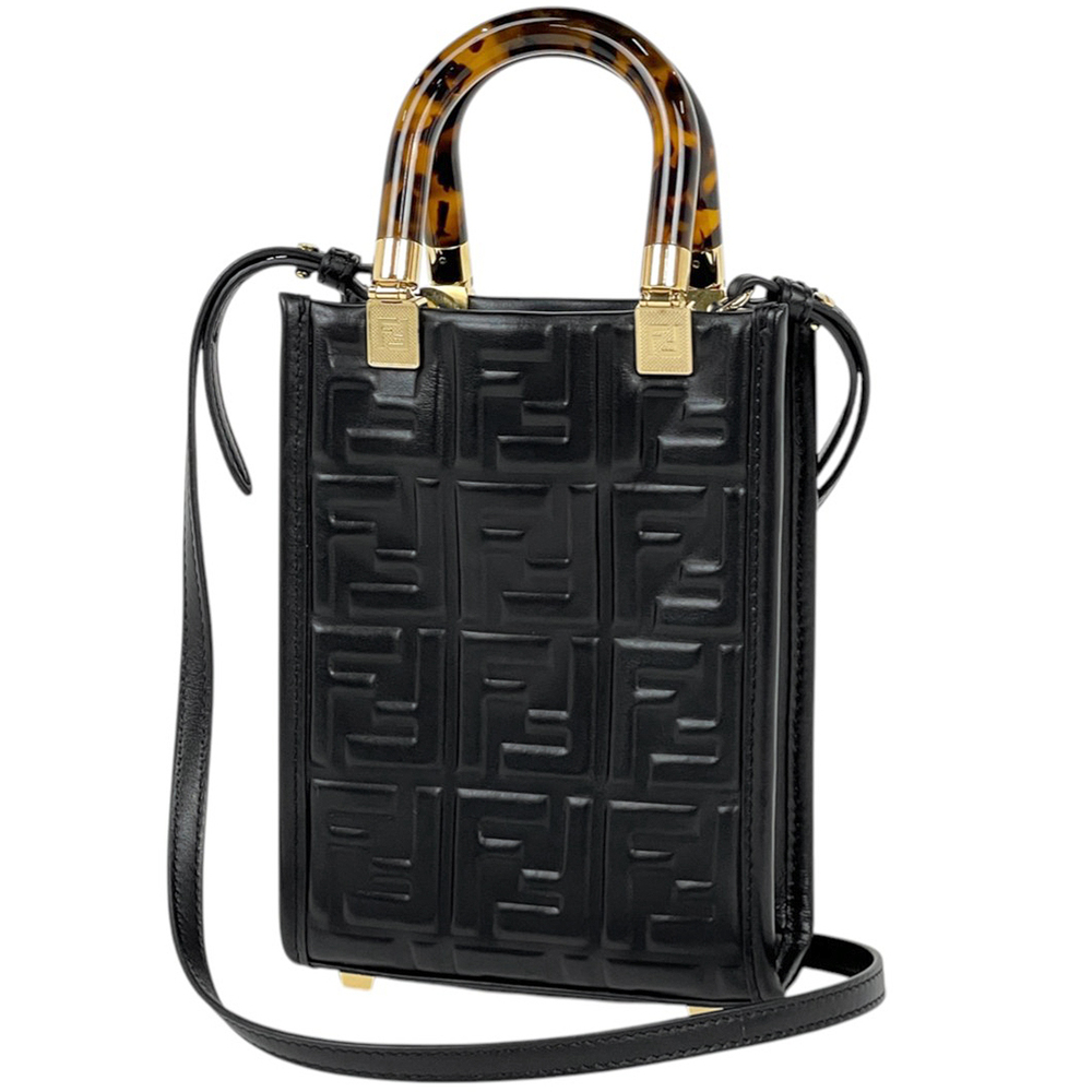 Fendi Sunshine Shopper Handbag Demi Shoulder Bag Leather Black